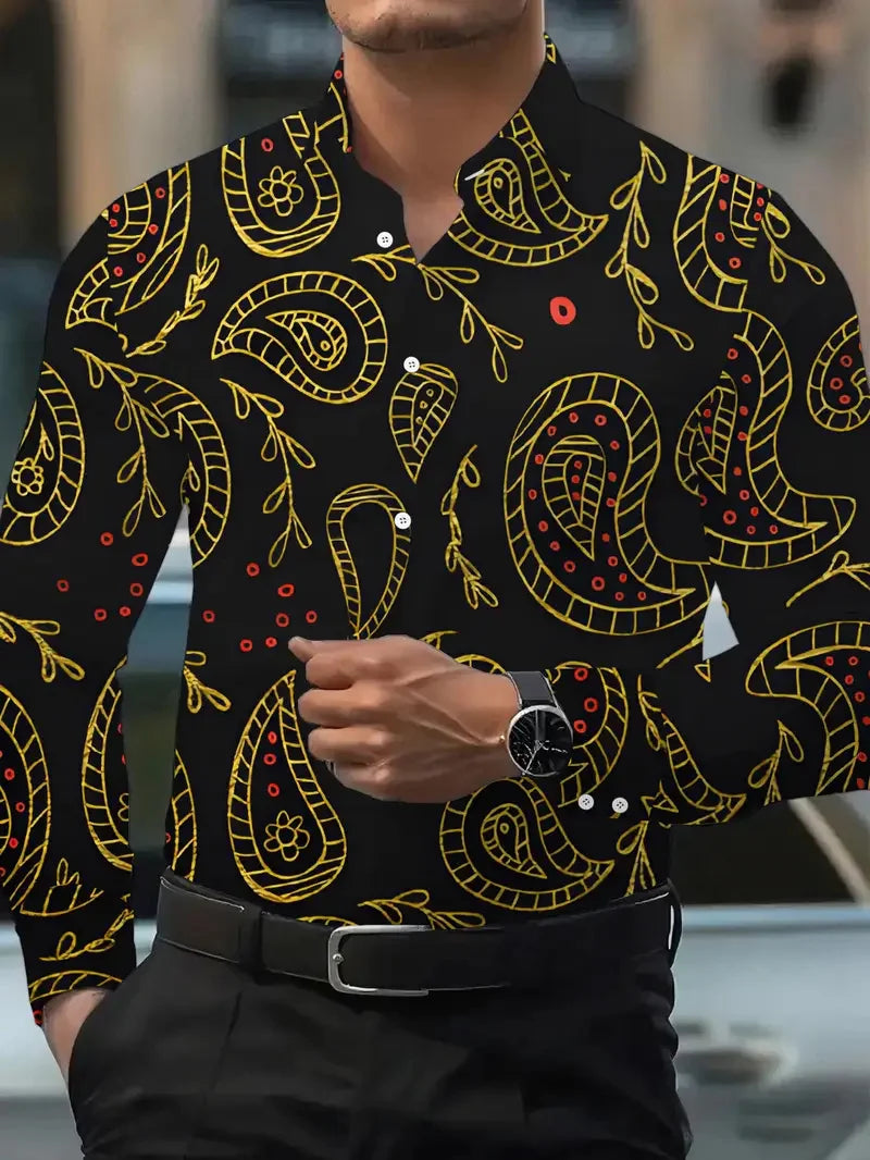 Hawaiian Men's Long Sleeve Shirt Folding Shirt Striped Pattern Digital Flower Print Fashion Casual Party Street