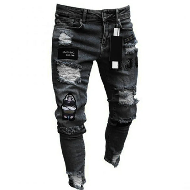 Men Jeans Knee Hole Ripped Stretch Skinny Denim Pants Solid Color Black Blue Autumn Summer Hip-Hop Style Slim Fit Trousers S-4XL