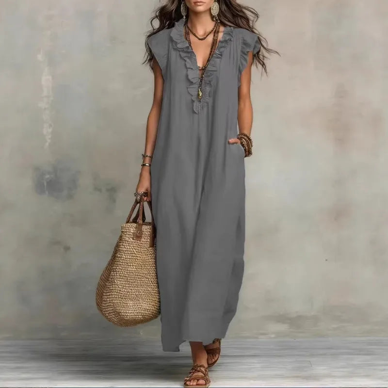 Women Spring Summer Boho Flutter Sleeve Floor Length Maxi Dress Elegant Beach Long Dress