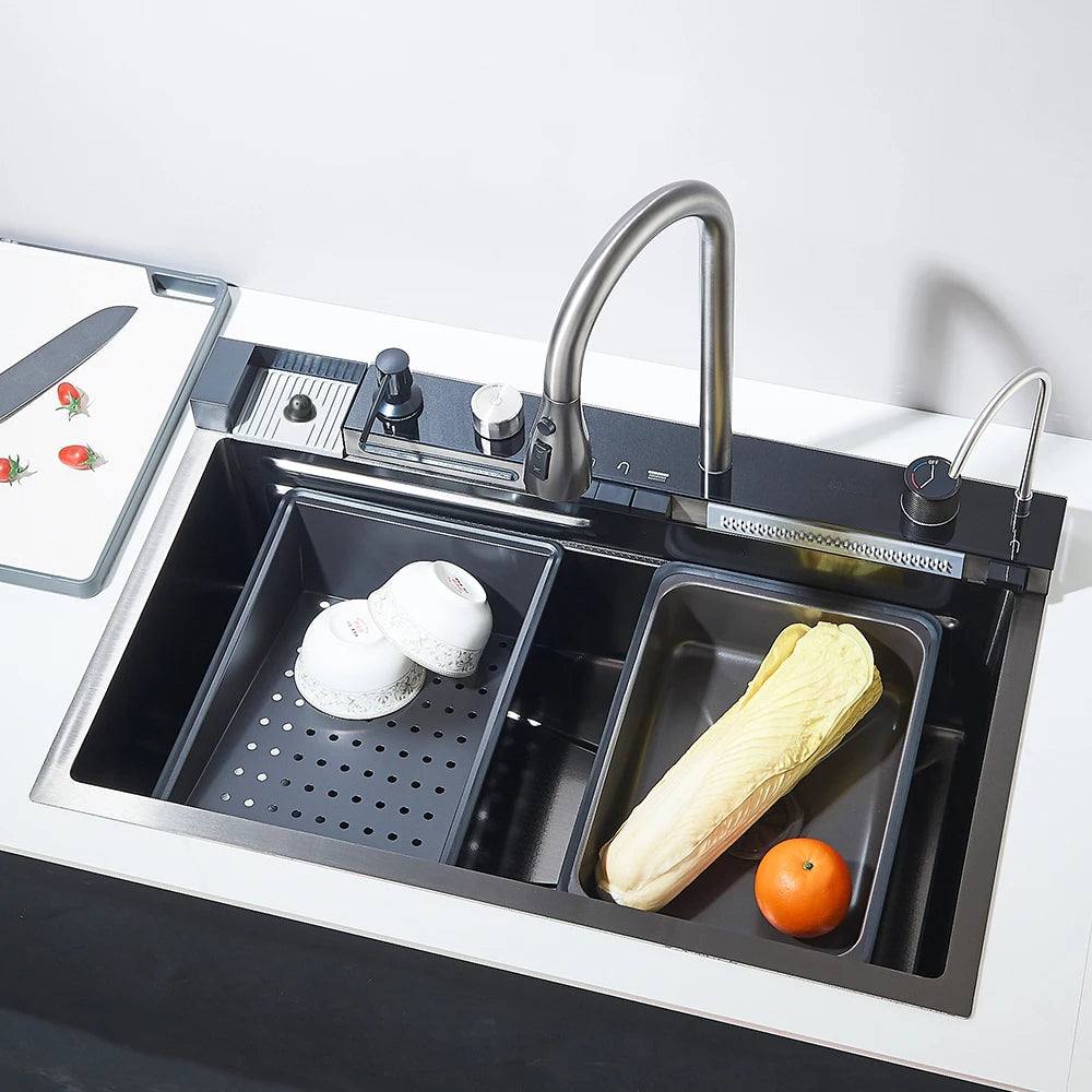 304 Stainless Steel Waterfall Kitchen Sink Large Single Slot Integrated Digital Display Faucet Set Soap Dispenser Cup Washer