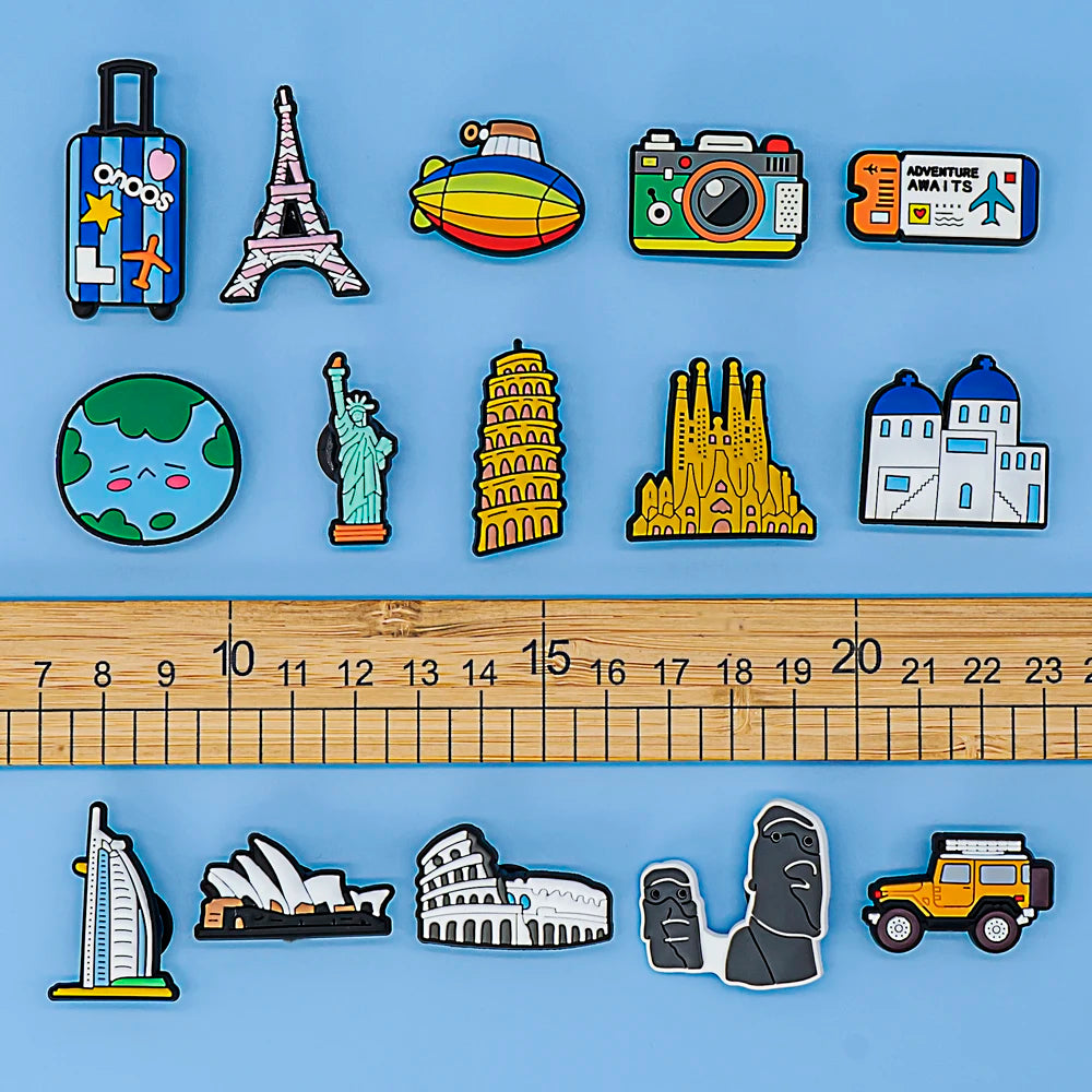 1/25pcs World Travel Shoe Charms Eiffel Tower Shoe Decorations Leaning Tower of Pisa Statue of Liberty Garden Sandals Accessory