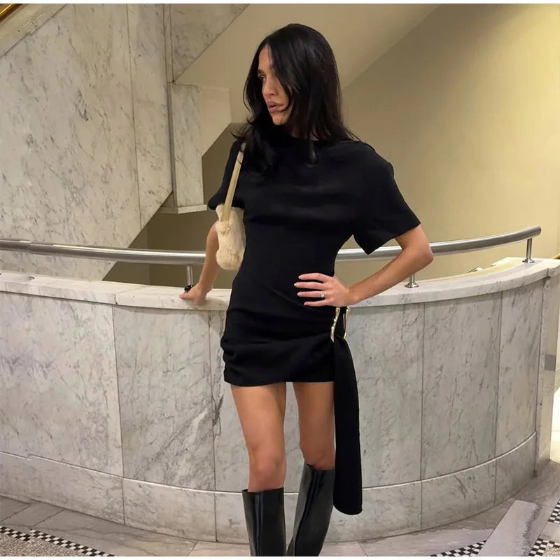 Elegant Mini Dress Woman Ribbons Slim O-neck Short Sleeve Above Knee Dresses Female Spring Summer Party Robe Lady High Street