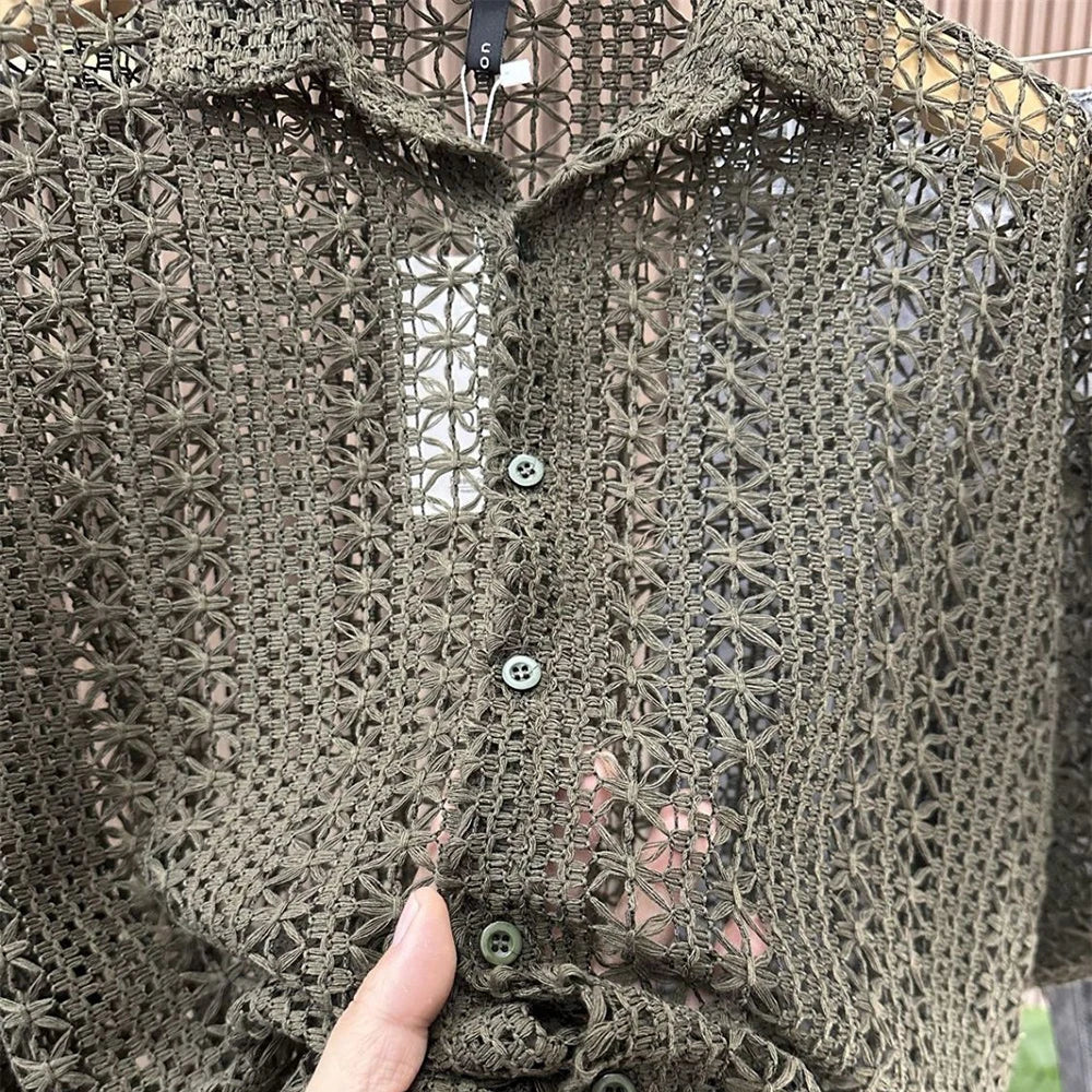 Men's Knitted Hollow Short-Sleeved Shirt American Retro Fashion Trend Simple Loose Breathable Vacation Summer New Men's Tops