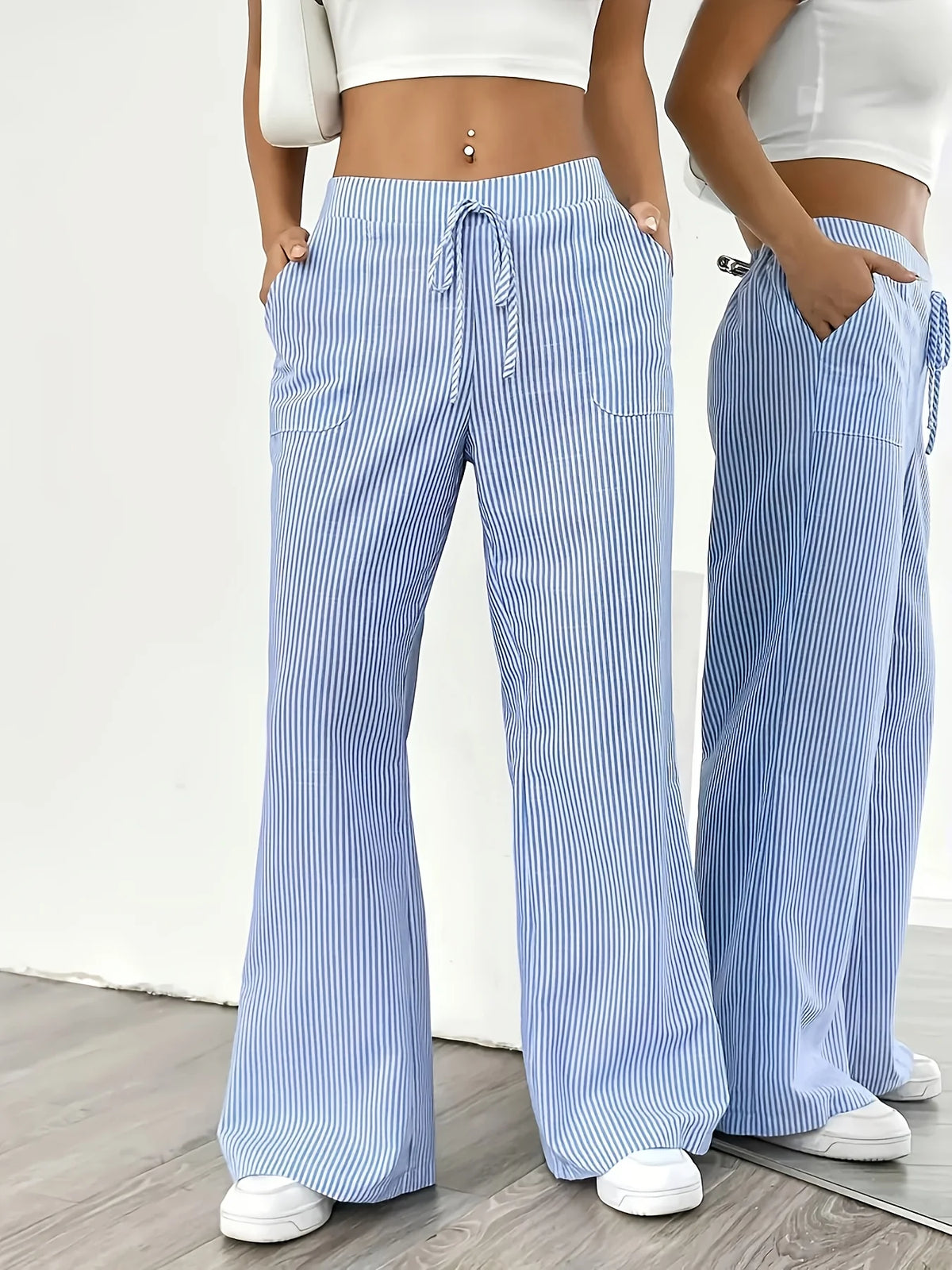 New Women's Casual Striped Sports Pants Popular Fashionable Blue Pocket Pants for Women