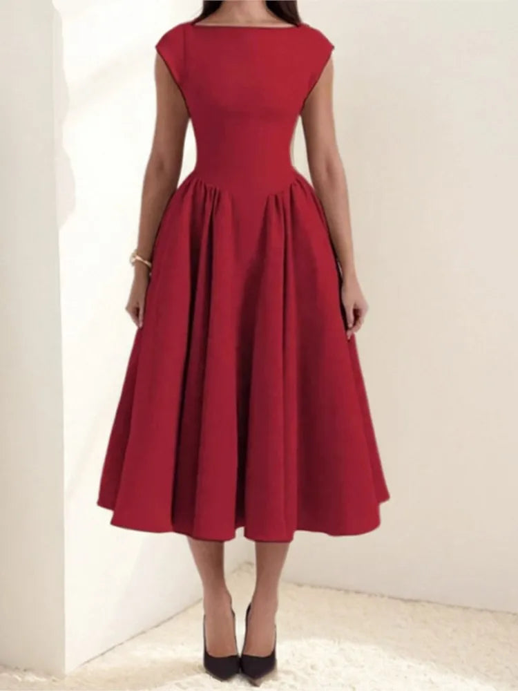 Summer French Fashionable Women's Temperament Solid Color High Waist Sleeveless Back Hollow Dress for Slimming
