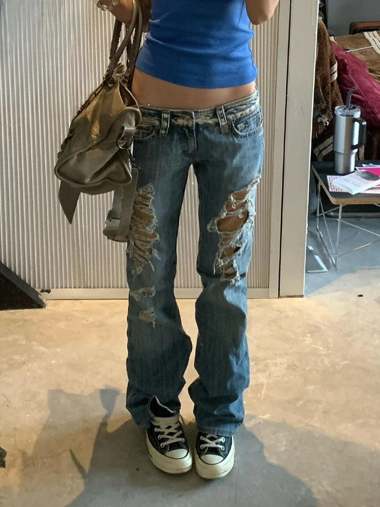 Women Streetwear Vintage Ripped Jeans 2026 Summer Hole Design 2000s Boyfriend Denim Pants American Retro Casual Trousers