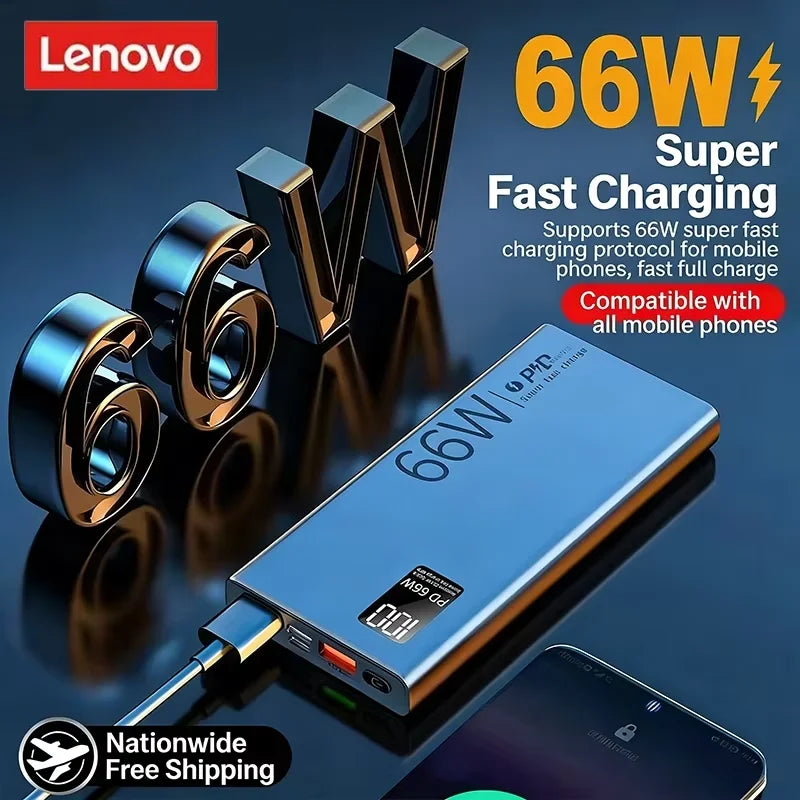 Lenovo 66W Super Fast Charging Power Bank 20000mAh High Capacity Bidirectional Quick Charge Digital Display Mobile Power Source