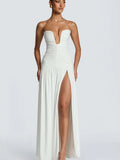 Rinabe Deep V Neck Strapless Maxi Dress Chic Solid Off-shoulder Backless Split Elegant Evening Dress Women Chic Slim Dresses