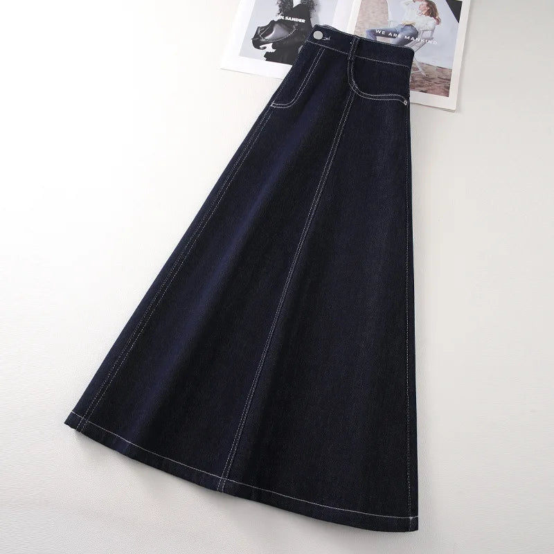Dark Blue Denim Mid-Calf Skirts For Women 2025 New Spring and Summer Casual Loose Streetwear Office Lady Chic Long Skirts