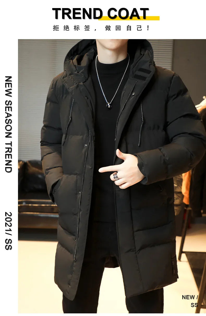 2023 Warm Hooded Mid-length Jacket Mens Casual Zip Up Cotton Padded Jacket Overcoat Autumn Winter Windbreaker Coats Men Clothing