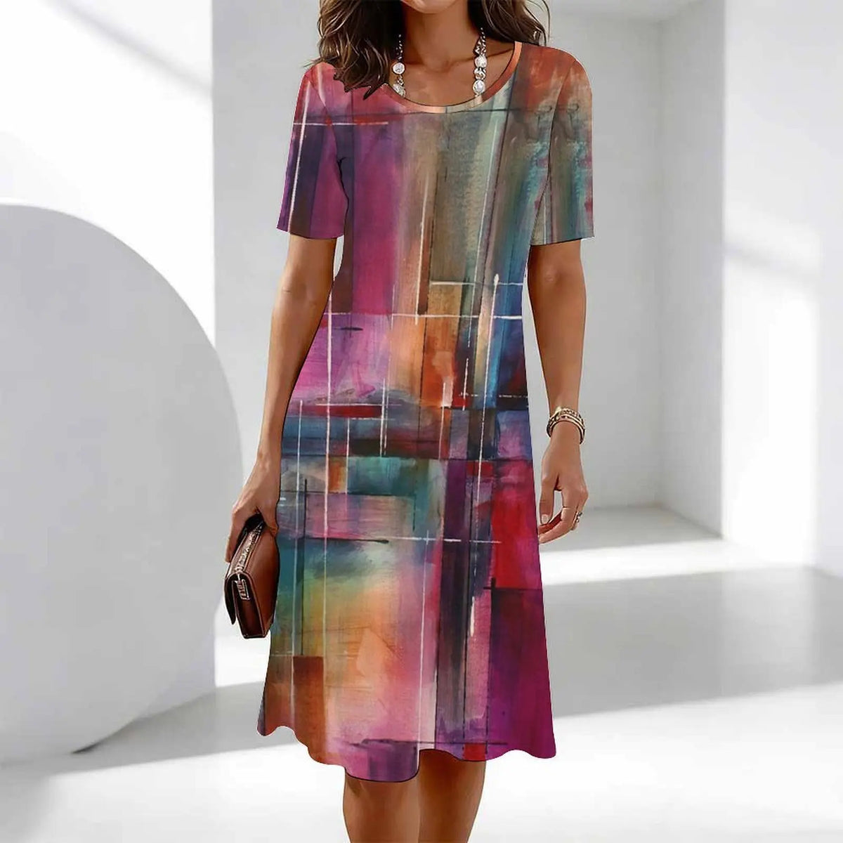 Women's Classic Leopard Print Short Sleeve Round Neck Midi Dress Loose Casual A Line Daily Wear Dress