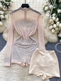 SINGREINY Summer Thin Sheer Sexy Bodysuit Long Sleeve Zipper With Shorts Design Rompers Beadings Streetwear Women Mesh Playsuits