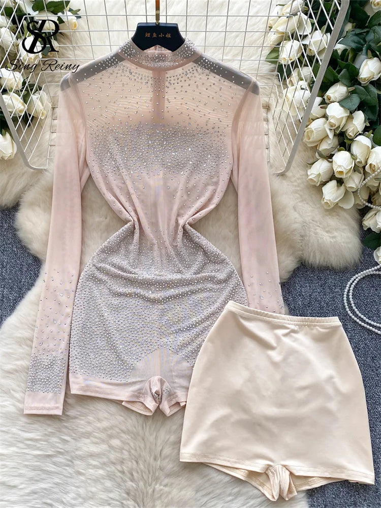 SINGREINY Summer Thin Sheer Sexy Bodysuit Long Sleeve Zipper With Shorts Design Rompers Beadings Streetwear Women Mesh Playsuits