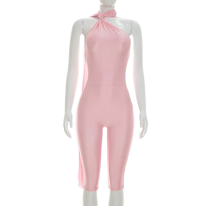 Women Fashion Overalls Playsuits Beach Vacation Clubwear Sexy Backless Ruched Halter Neck Tie Solid Slim Fit Capris Jumpsuit
