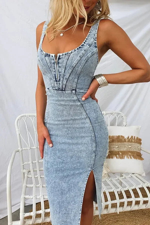 Sundress Women Denim Sheath Dresses Sexy Streetwear Sleeveless Distressed Backless Zipper Slip Dress 2025 Summer Vestidos