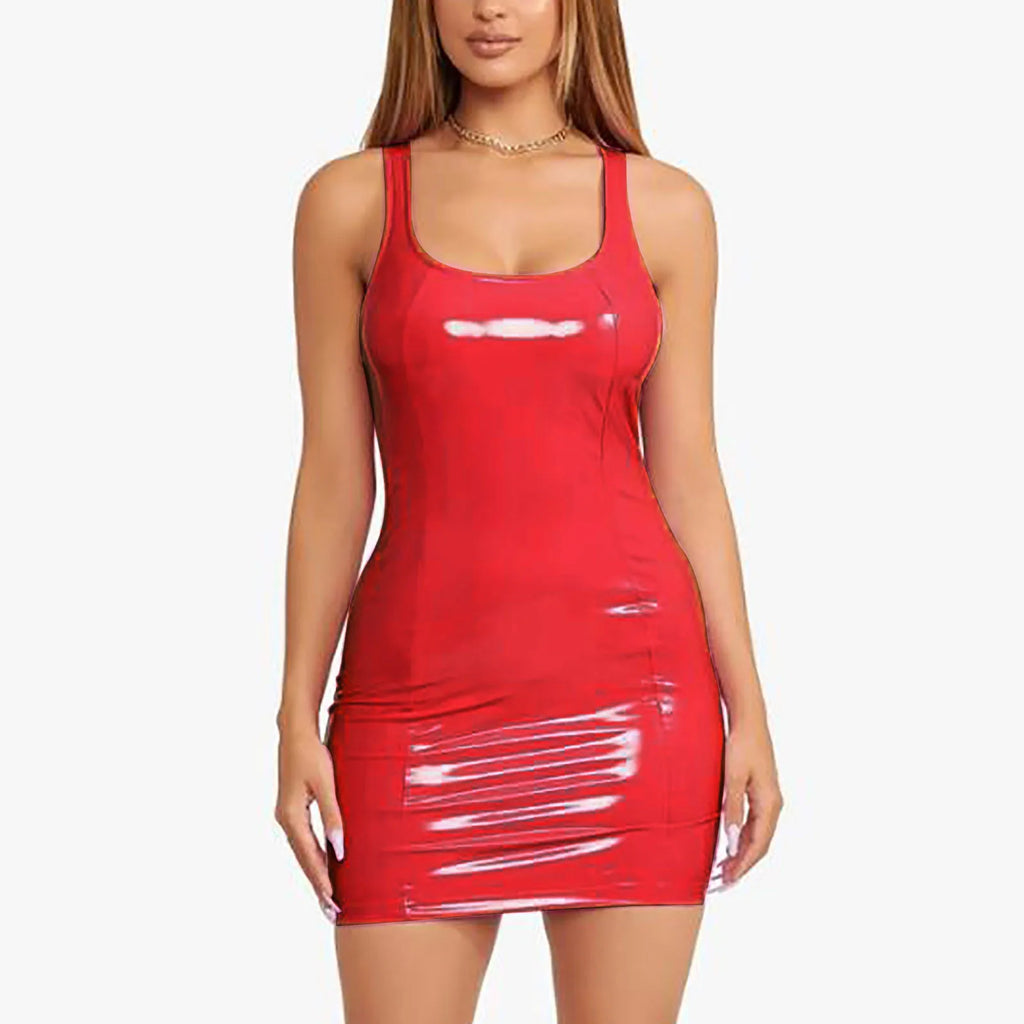 Women's Colorful Leather Dress Zipper PU High Elastic Round Neck Dress Short Skirt Elastic Leather Dress Wrapped Hip Sundress