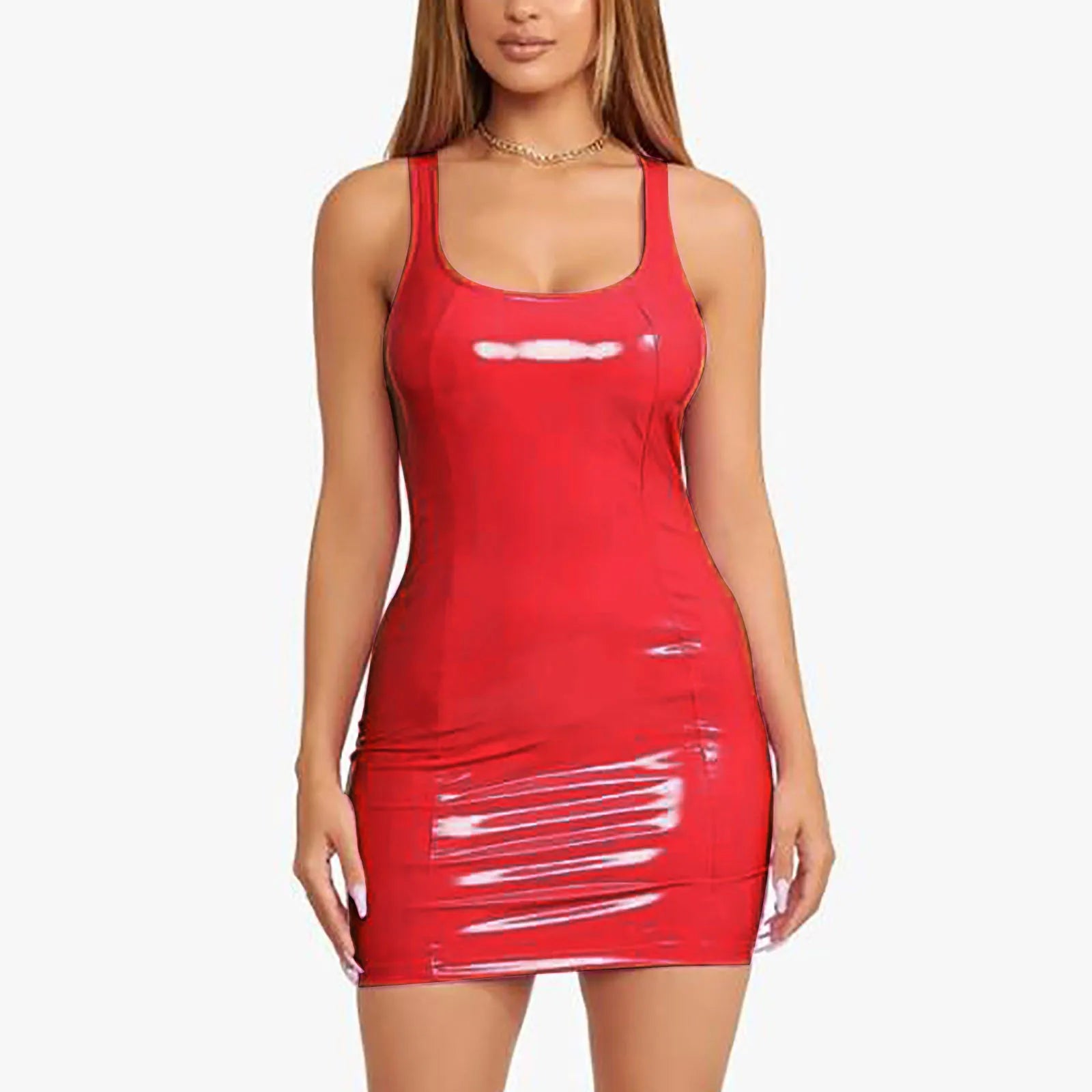Women's Colorful Leather Dress Zipper PU High Elastic Round Neck Dress Short Skirt Elastic Leather Dress Wrapped Hip Sundress