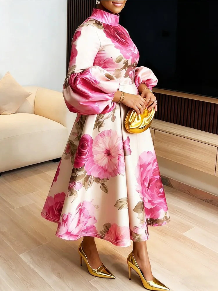 Stylish Women's Flower Printed Stand Collar Elegant Evening Maxi Dresses 2026 New Puff Sleeves Loose Pleated Party A-Line Dress