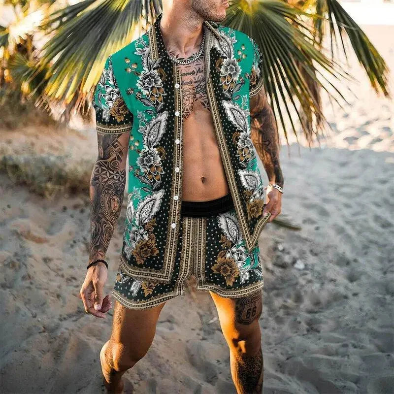 2024 Summer Men's Fashion Leopard Print Short Sleeve Shirt And Shorts Set Beach Style T Shirt Breathable Shorts Two Piece Set