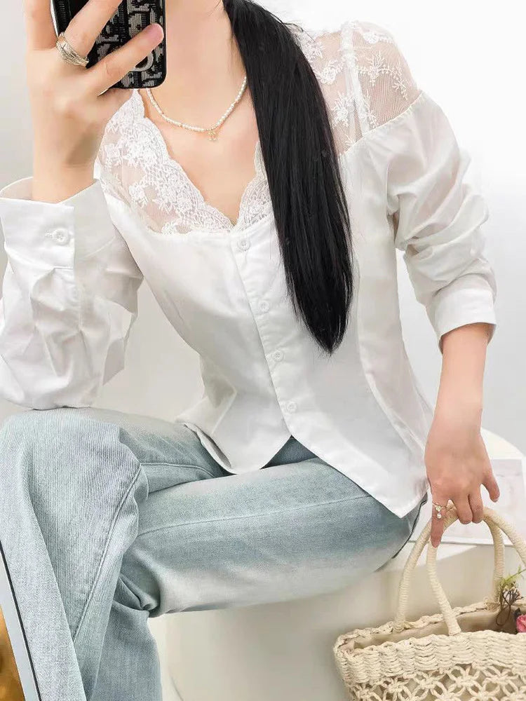 Elegant V Neck White Shirt Women Sexy Slim Long Sleeve Lace Patchwork Blouse Korean Fashion Female All Match Sweet Spring Tops