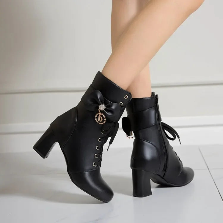 Winter Fashion British Style Round Head High Heels Women Boots Black White Pink Sweet Butterfly-Knot High Heels Women Boots