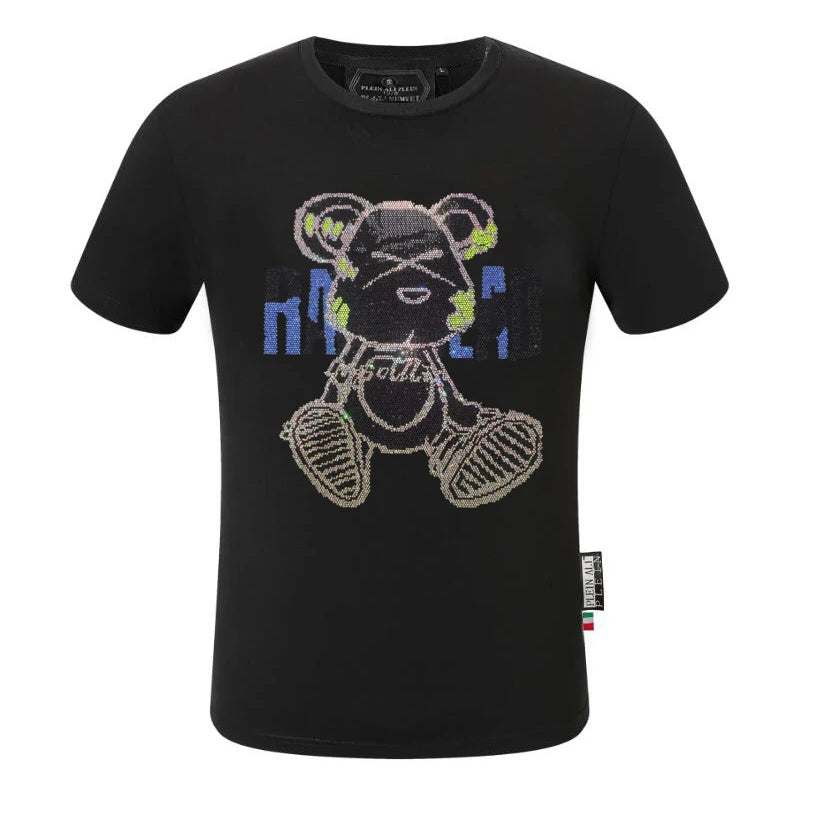 2025 Summer New Luxury Men's Fashion Skull Design Rhinestones T-Shirt Pure Cotton Crew-Neck Casual High Quality