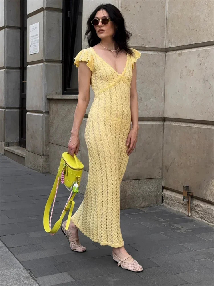 Tossy Ruffled Hollow Out Knit Long Dress Women V-Neck Fashion Patchwork See-Through Beach Holiday Dress Knitwear Female Dress