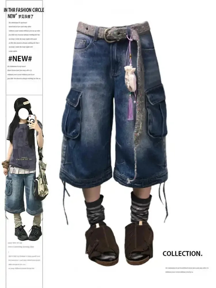 Summer Women American Retro Cargo Jorts Boyfriend Jean Shorts Y2K 2000s Denim Calf-Length Pants Japanese Harajuku High Street