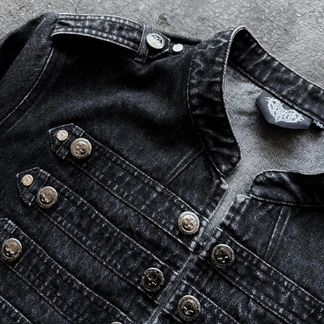 Gothic Motorcycle Denim Jacket Men American Retro Washed Multi Breasted Slim Fit Jacket Y2K High Street Unisex Punk Streetwear