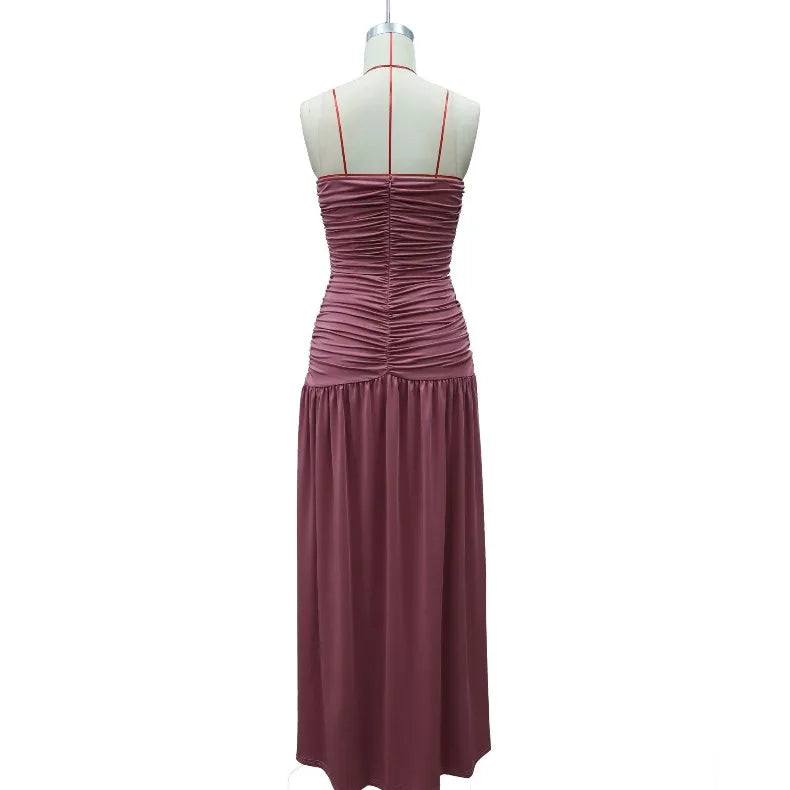 Solid Color Sexy Strapless High Slit Pleated Slim Fit Dress for Birthday Party Dinner Party Graduation Party Dress