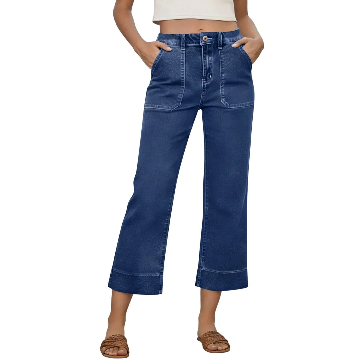 Wide Leg Jeans With Front Pockets For Women Cropped Micro Cut Pants High Waisted Patch Pocket Straight Leg Jeans Summer Pants