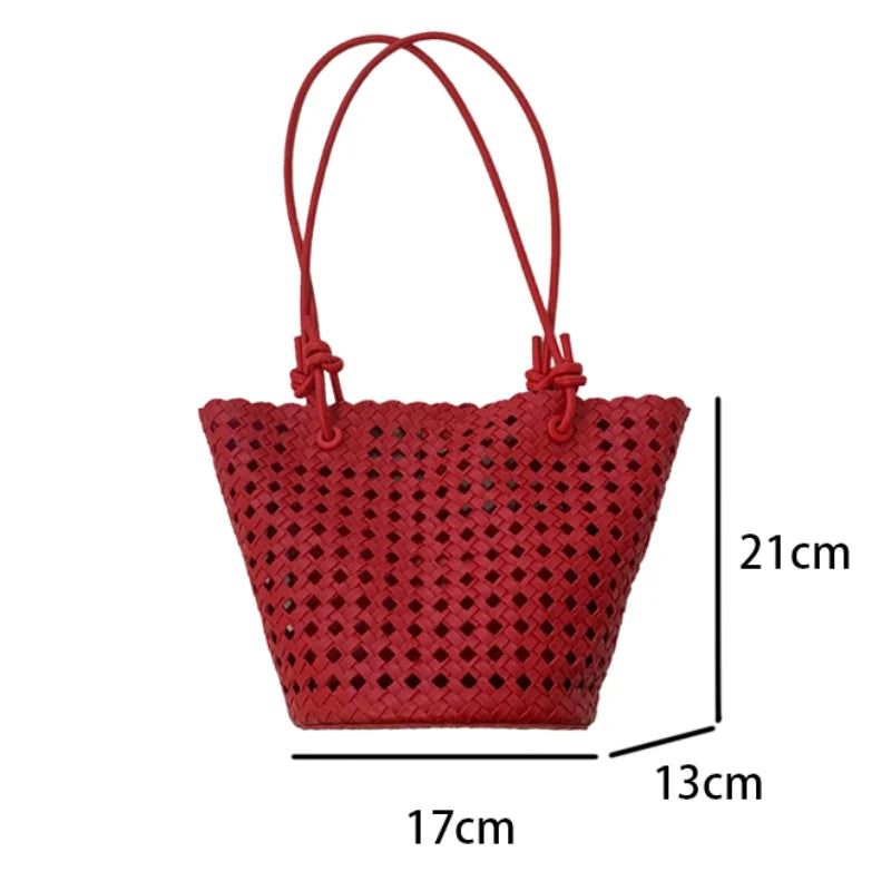 Hand-woven Openwork handBag With Zipper Inner Pocket,summer Pu Leather Beach Bucket Bags,large Capacity Simple Shopping handBag