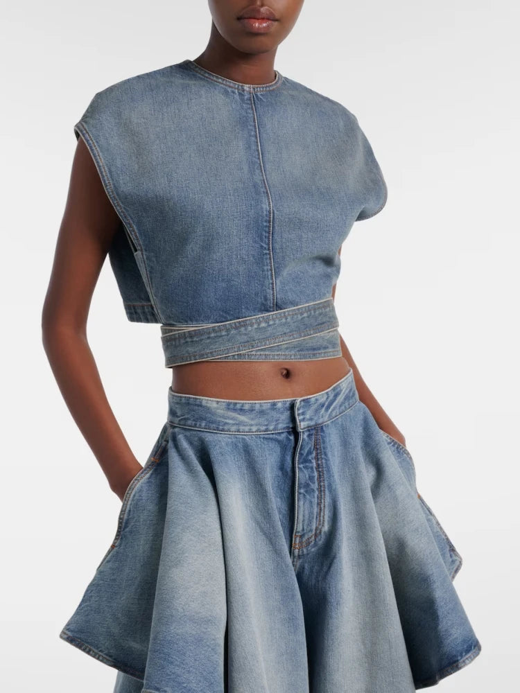 Women Jeans Two Piece Set Sexy Sleeveless Lace-up Top + Panelled Denim Jeans Suits Evening Cocktail Sets