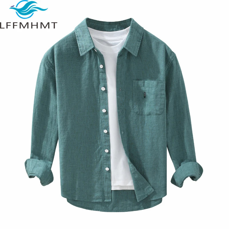 2402 Cotton Linen Solid Color Simple Basic Tops Men's Spring Fall Fashion Japan Style Harajuku Healthy Comfortable Casual Shirts