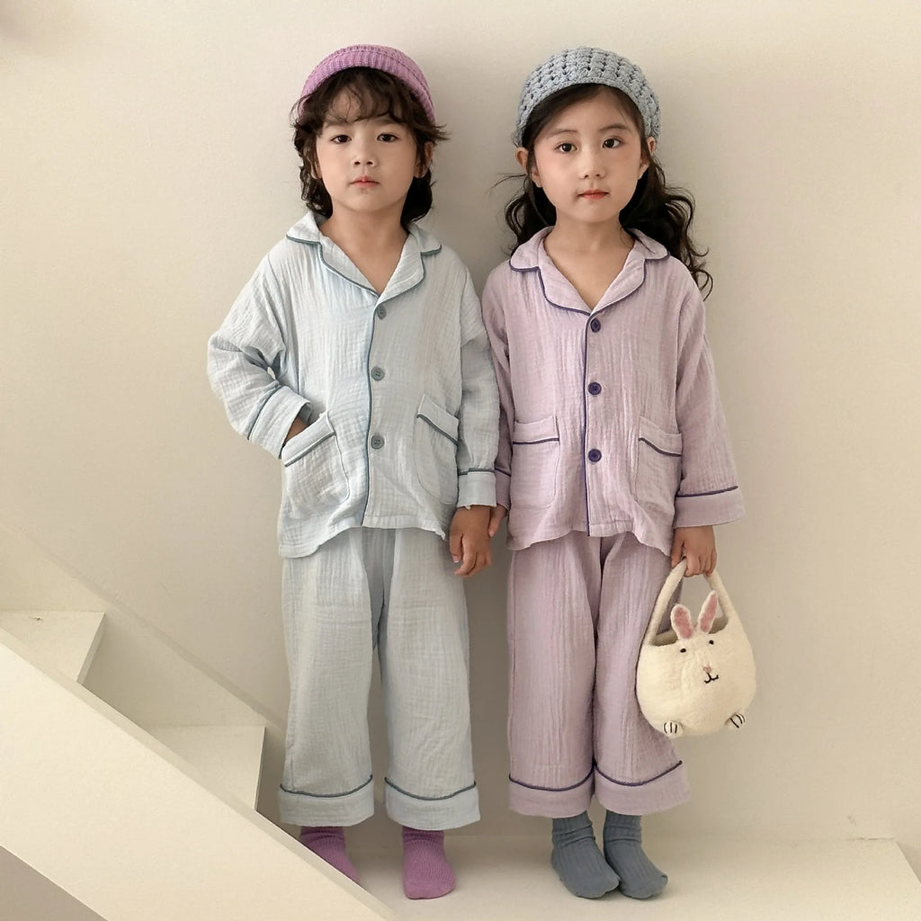 2026 New Children's Cotton Pajamas Set Soft Loose Boys Girls Clothing Turn-down Collar Button Shirt Trousers 2 Pcs Suit Pijamas