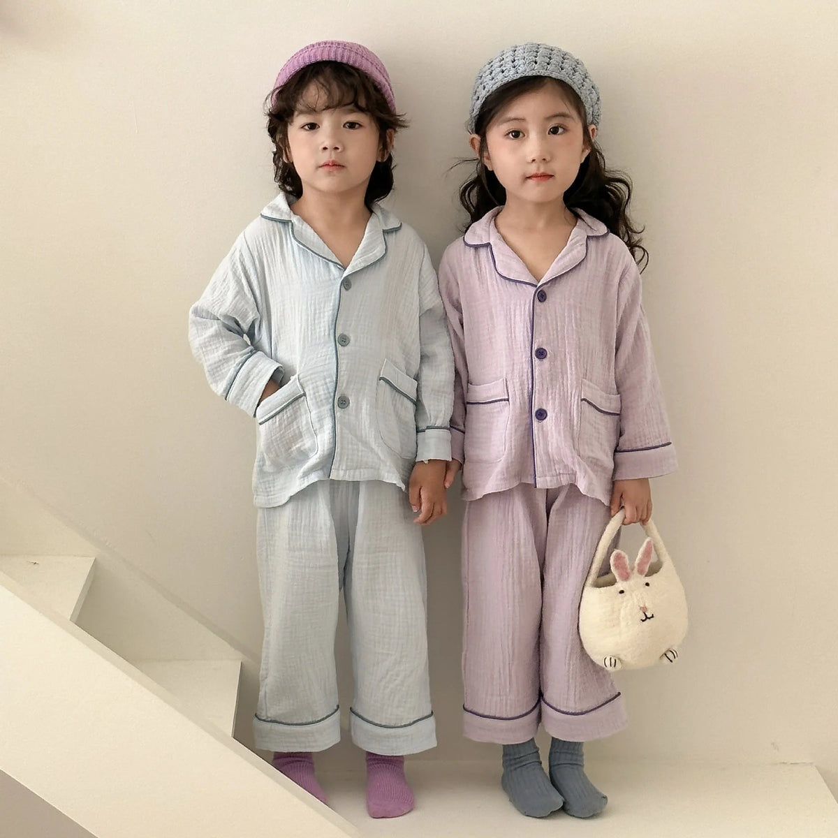 2026 New Children's Cotton Pajamas Set Soft Loose Boys Girls Clothing Turn-down Collar Button Shirt Trousers 2 Pcs Suit Pijamas