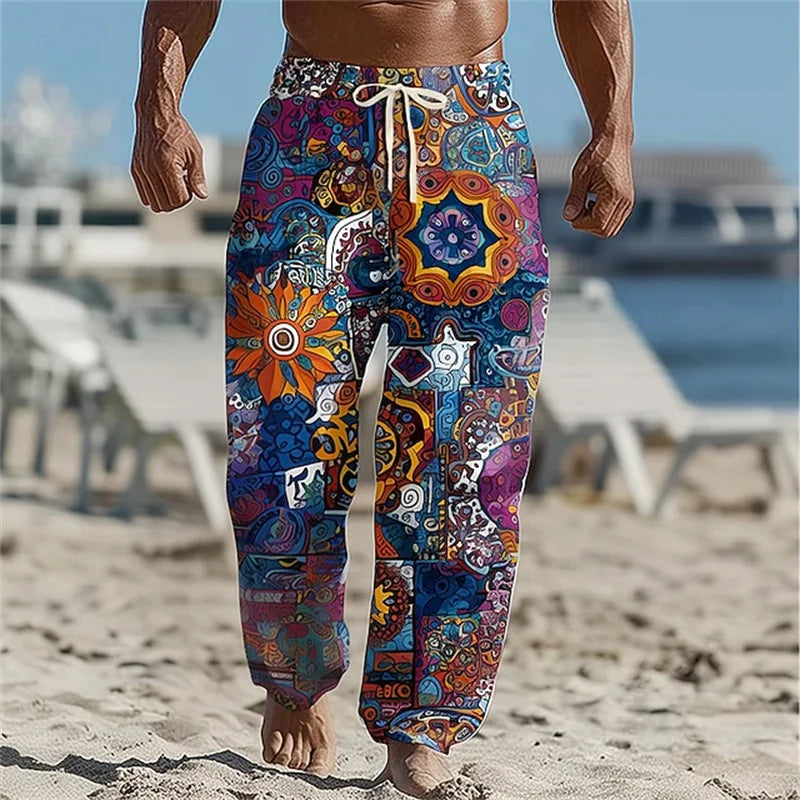 Summer Men's Beach Shorts Relaxed Fit Drawstring Casual Pants 3D Printed Geometric Pattern Breathable Wide-Leg Pants