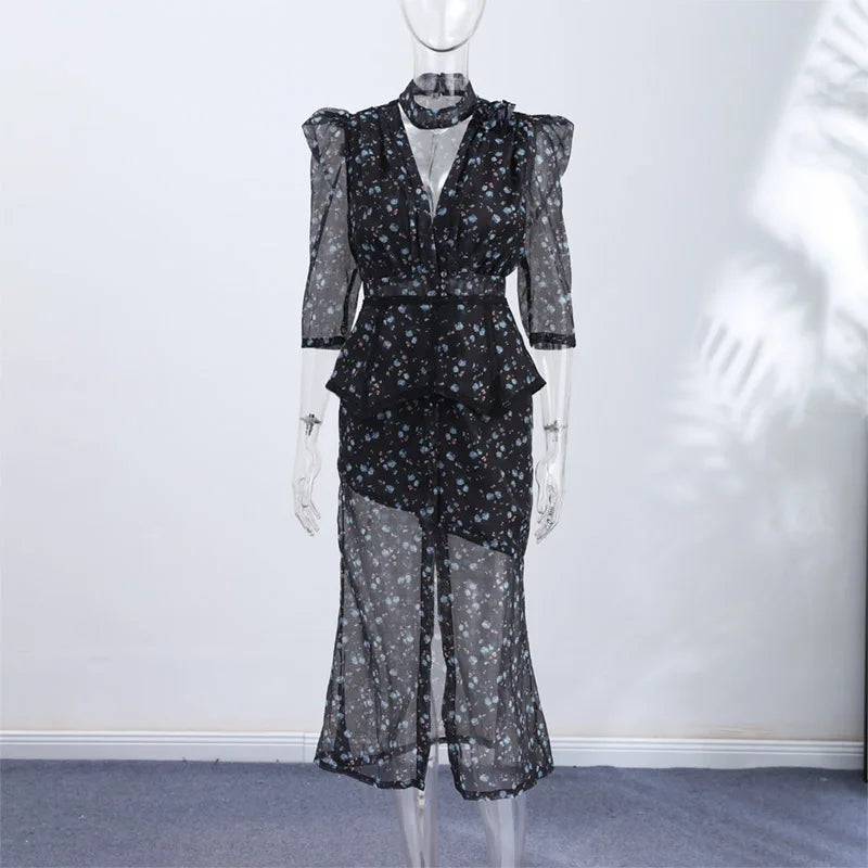 Elegant Printed Women's Dress V-neck Front Split Waist-closed Sashes Wrist Sleeve Gauze Dresses 2026 Summer Chic Female Robe