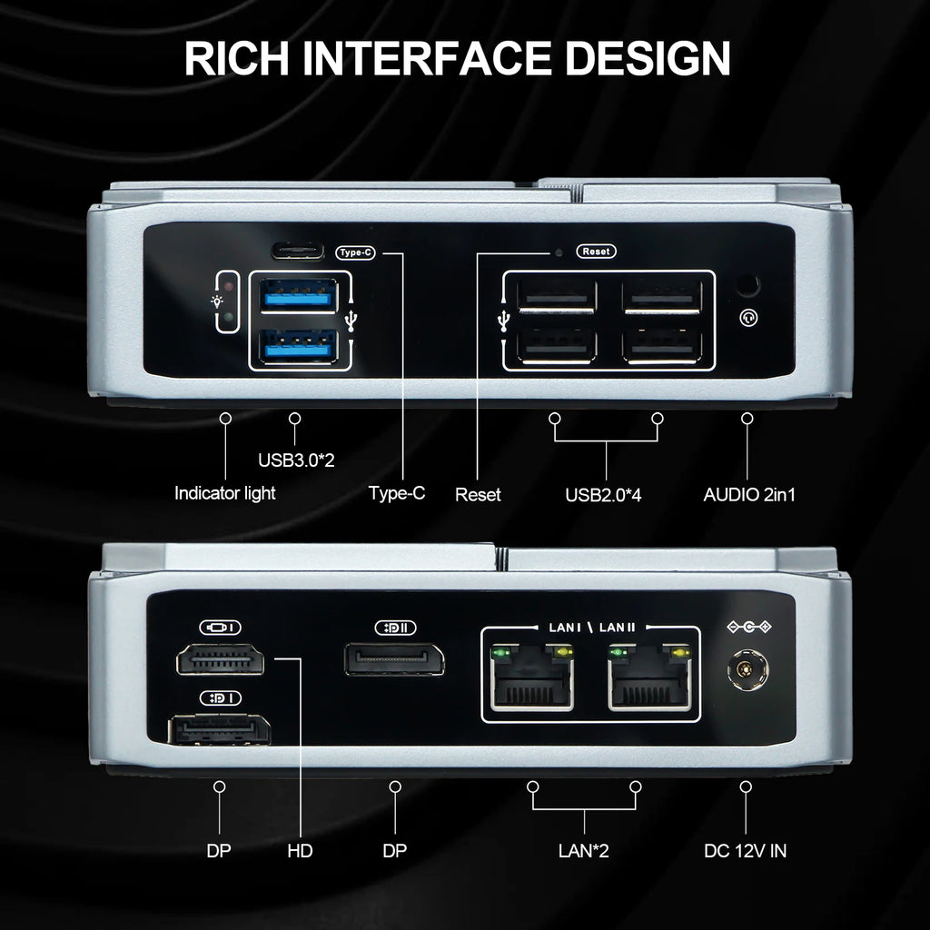 VNOPN Mini PC Intel N100/AMD A9-9420 Win10 DDR4 2LAN HDMI+2*DP Small Pocket Computer Dual SSD Full Function Type-C 4K 60Hz
