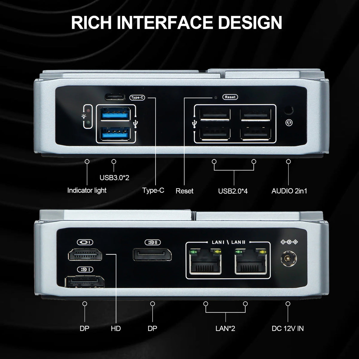 VNOPN Mini PC Intel N100/AMD A9-9420 Win10 DDR4 2LAN HDMI+2*DP Small Pocket Computer Dual SSD Full Function Type-C 4K 60Hz