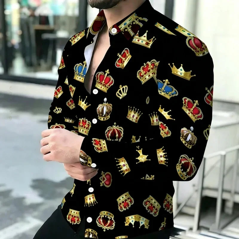 2026 New Men's Shirt Personalized Printed Long Sleeve Shirt Black Brown Contrasting Design Sense Shirt Street Trendy Men's Wear