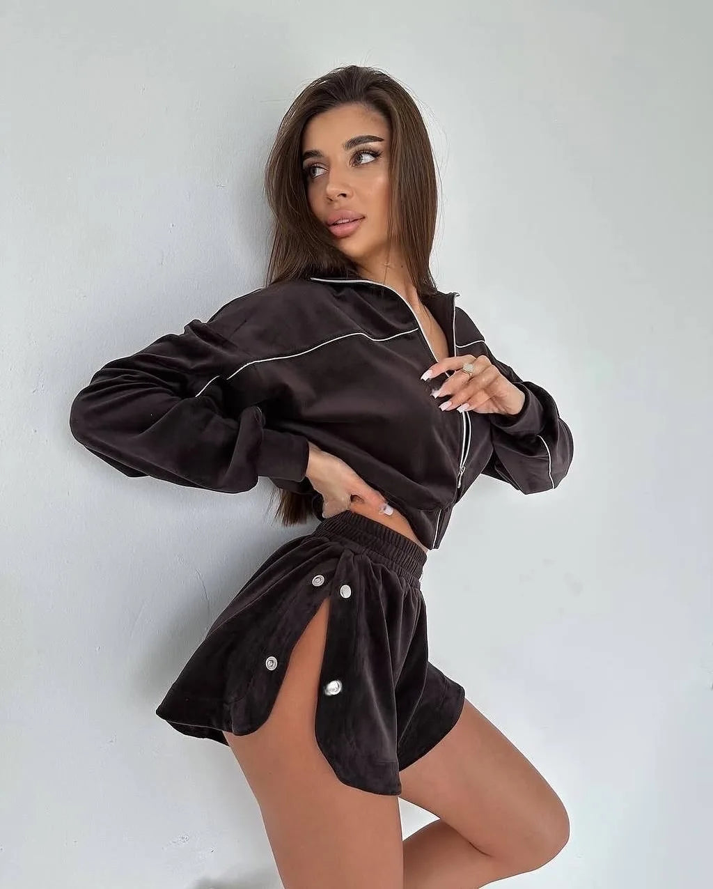 Summer Women Long Sleeved Zipper Two Piece Sets Top Elastic Shorts Outfits Fashion Striped Casual Suits Lapel Tracksuits 2026