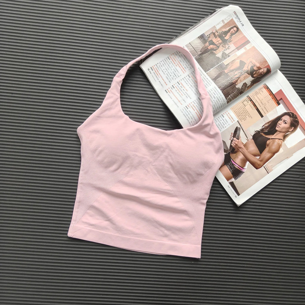 1DF-CY Women Seamless Halter Yoga Crop Top High Elastic Sports Bra Fitness Workout Gym Running Breathable Activewear Tank Top