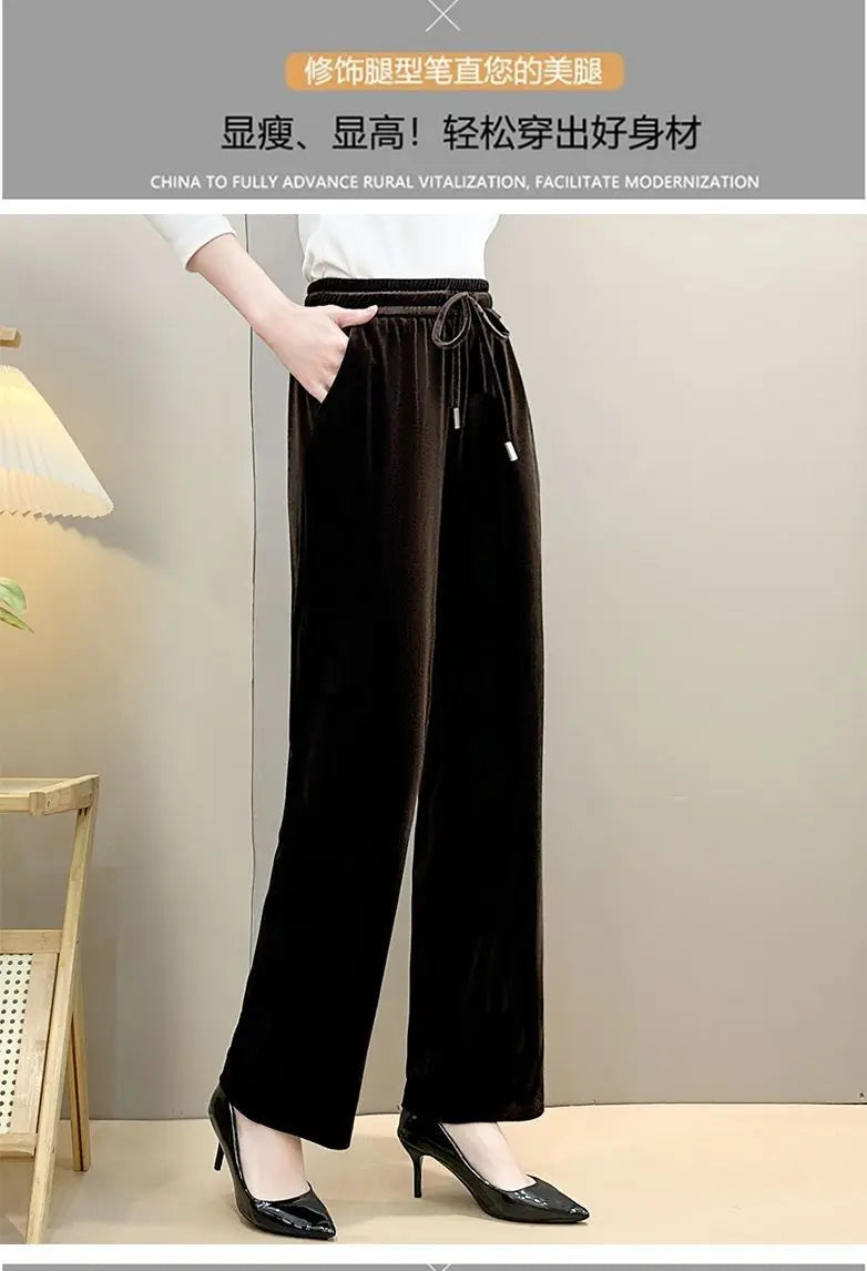 Women Drawstring High Waist Velvet Wide Leg Long Pants