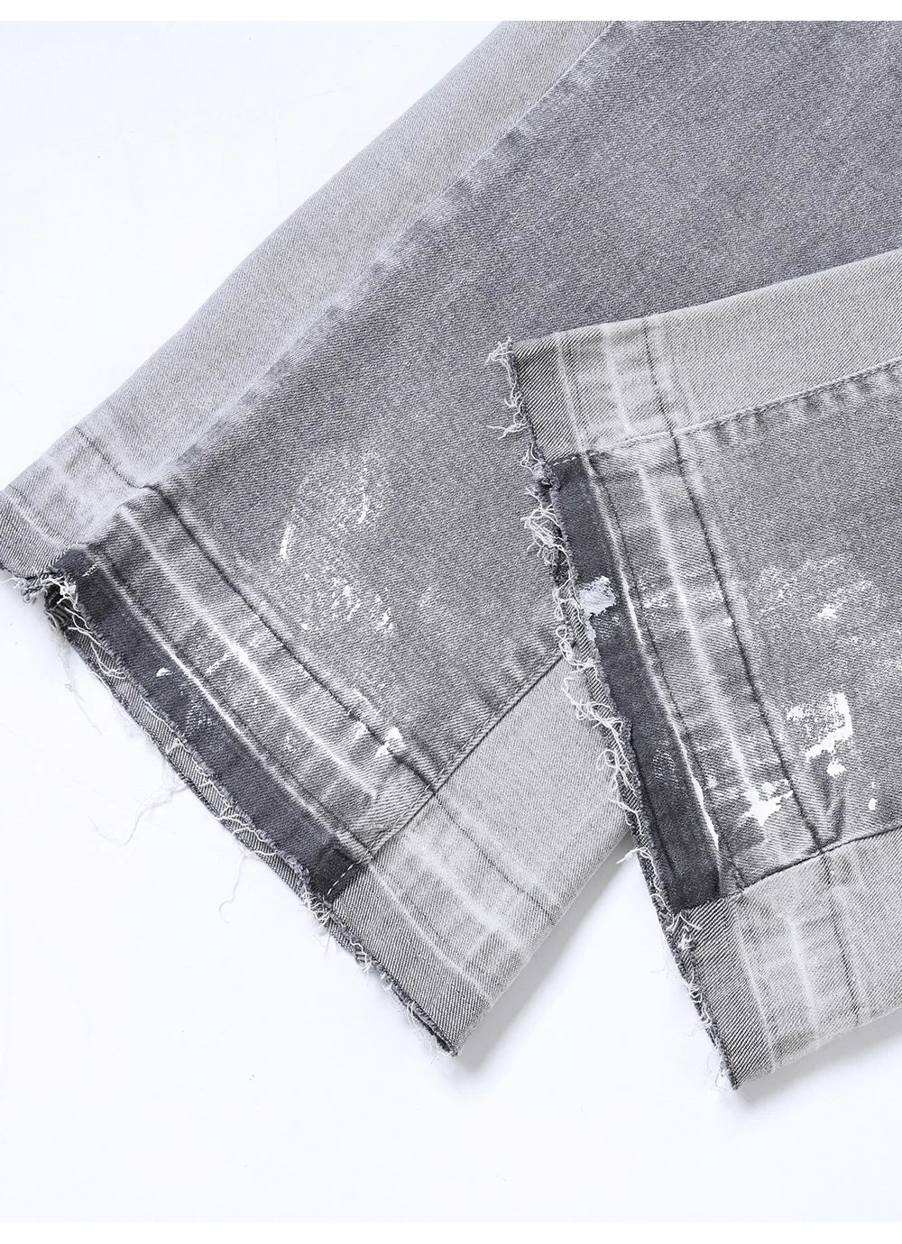Men Painted Flared Denim Jeans Spliced Slim Boot Cut Pants Vintage Grey Cotton Released Hem Trousers