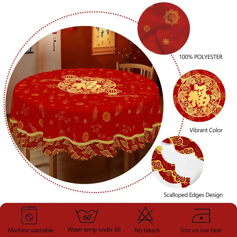 1 Piece of Chinese Spring Festival Red Round Tablecloth, Available in 5 Sizes, Auspicious Fortune Character Lanterns and Double Fish Gold-Printed Round Tablecloth, Embossed Edge Craftsmanship, Spring Festival Home Dining Tabl