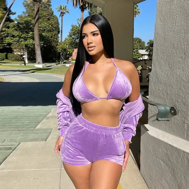 Velvet Tracksuit 3 Piece Set Women Fall Outfits Zipper Hoodies Jacket + Bra + Shorts Sets Sporty Matching Sets Jogging Femme