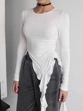2025 Spring New Solid Color Knitted Top Fashionable Round Neck Long Sleeve Irregular Ruffle Design Slim Fit T-shirt Y2K Hot Girl