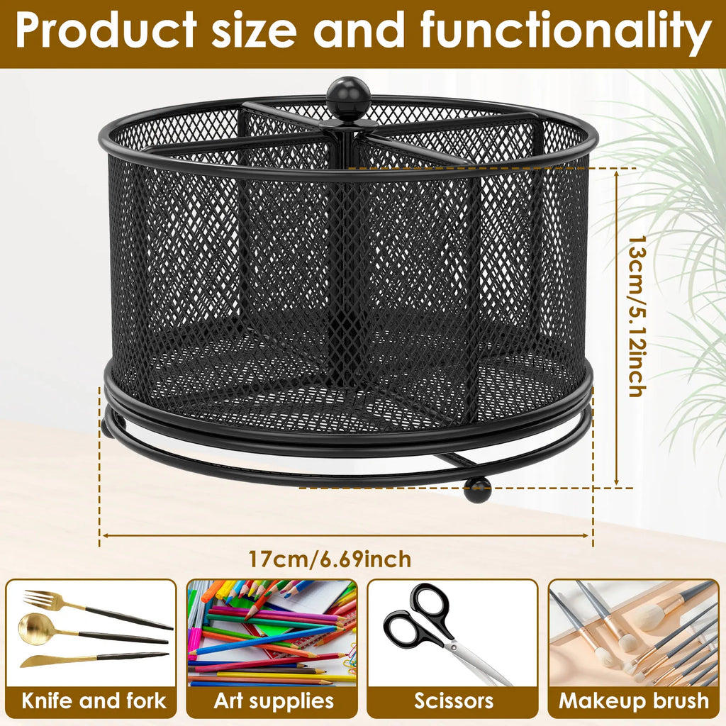 360°Rotating Utensil Caddy Kitchen Utensil Holder 6.7×6.7×5.1 Inch Metal Utensil Organizer 4-Compartment Metal Utensil Caddy
