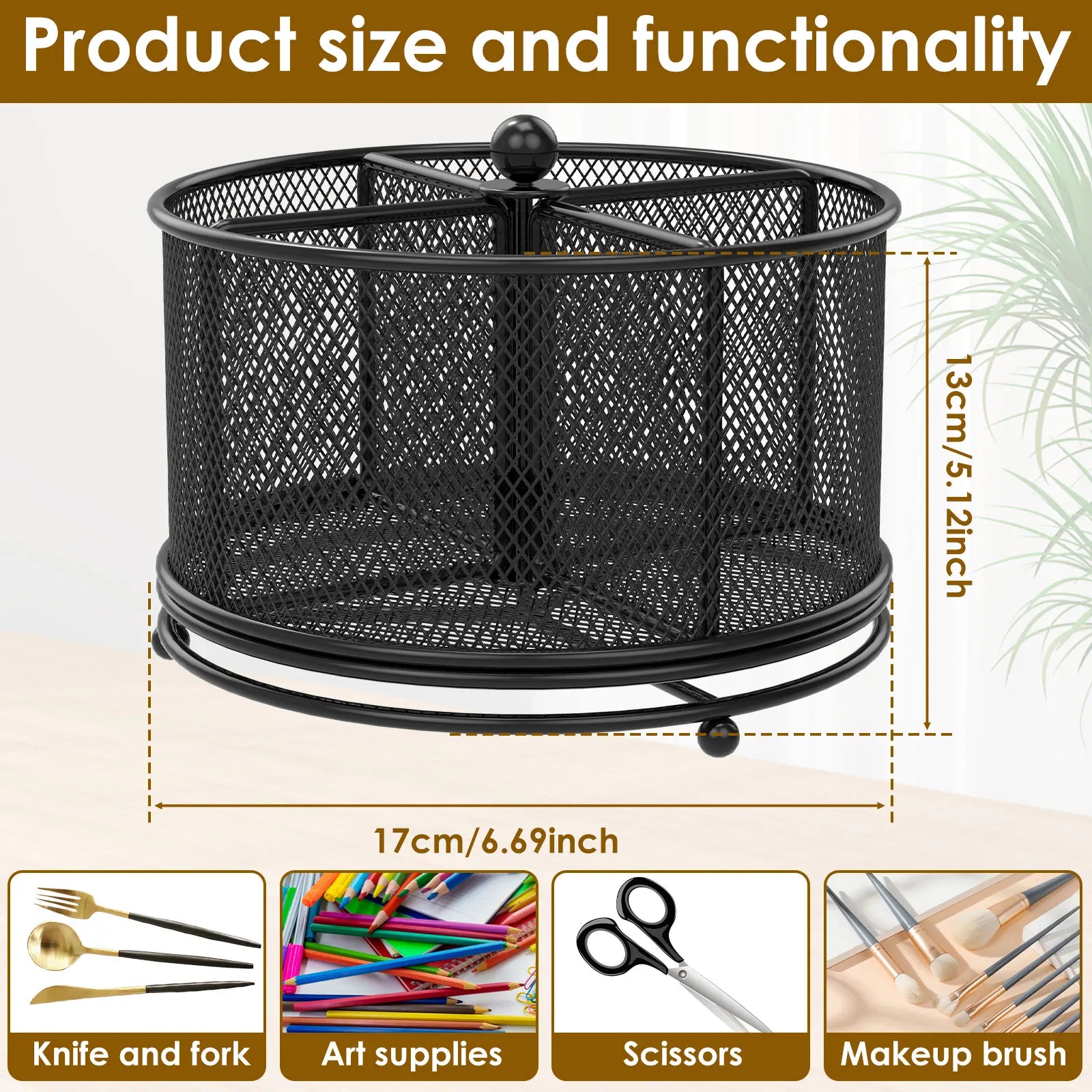 360°Rotating Utensil Caddy Kitchen Utensil Holder 6.7×6.7×5.1 Inch Metal Utensil Organizer 4-Compartment Metal Utensil Caddy